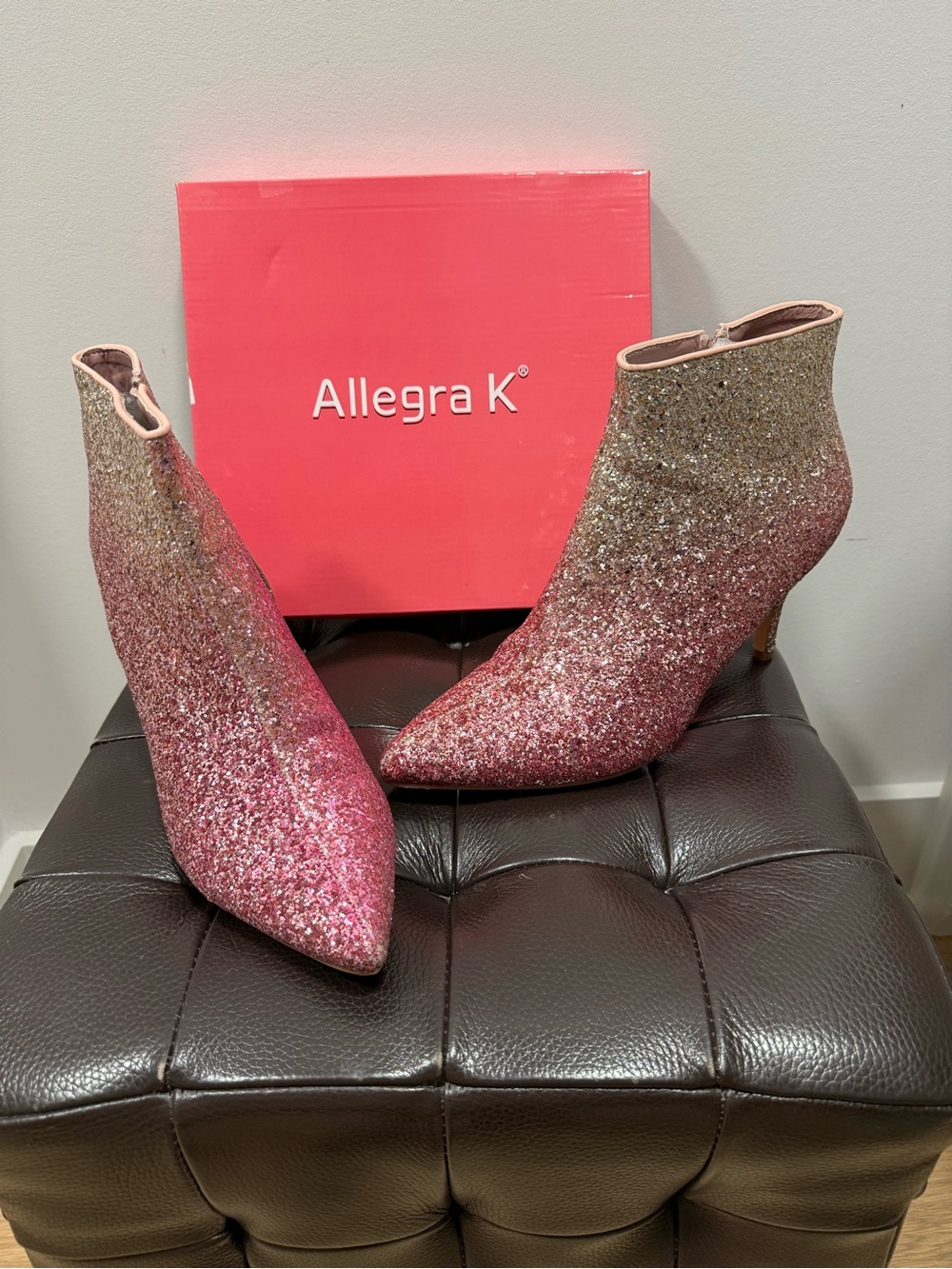 Allegra K Pink and Gold Glitter Pointed Ankle Booties Size 10 in original box.